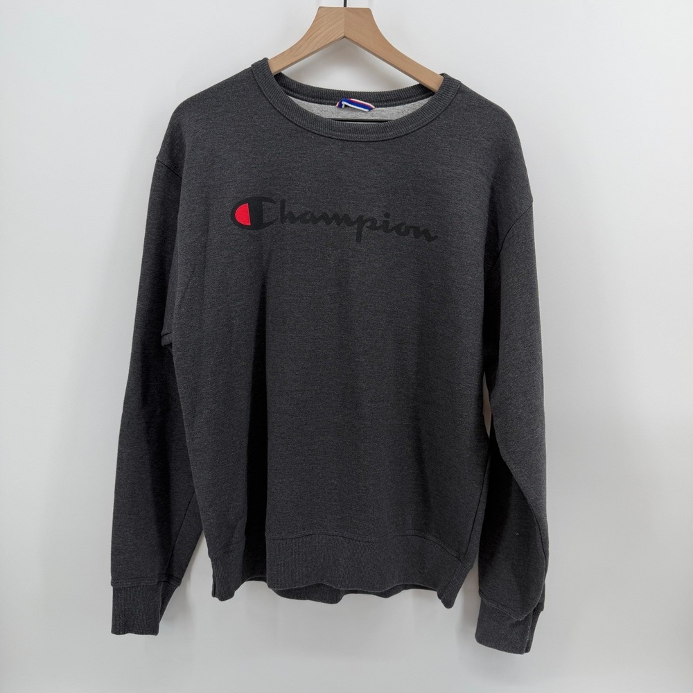 Champion Sweatshirt Women M Charcoal Gray Graphic Script Logo Fleece Crewneck